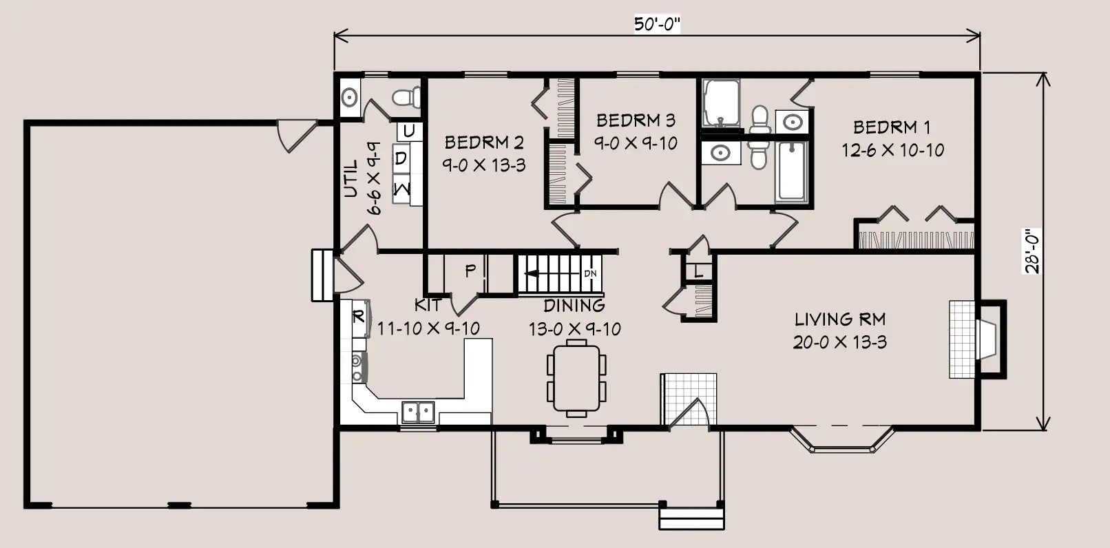 Fruitwood C floor plan, 50 feet by 28 feet, three bedrooms